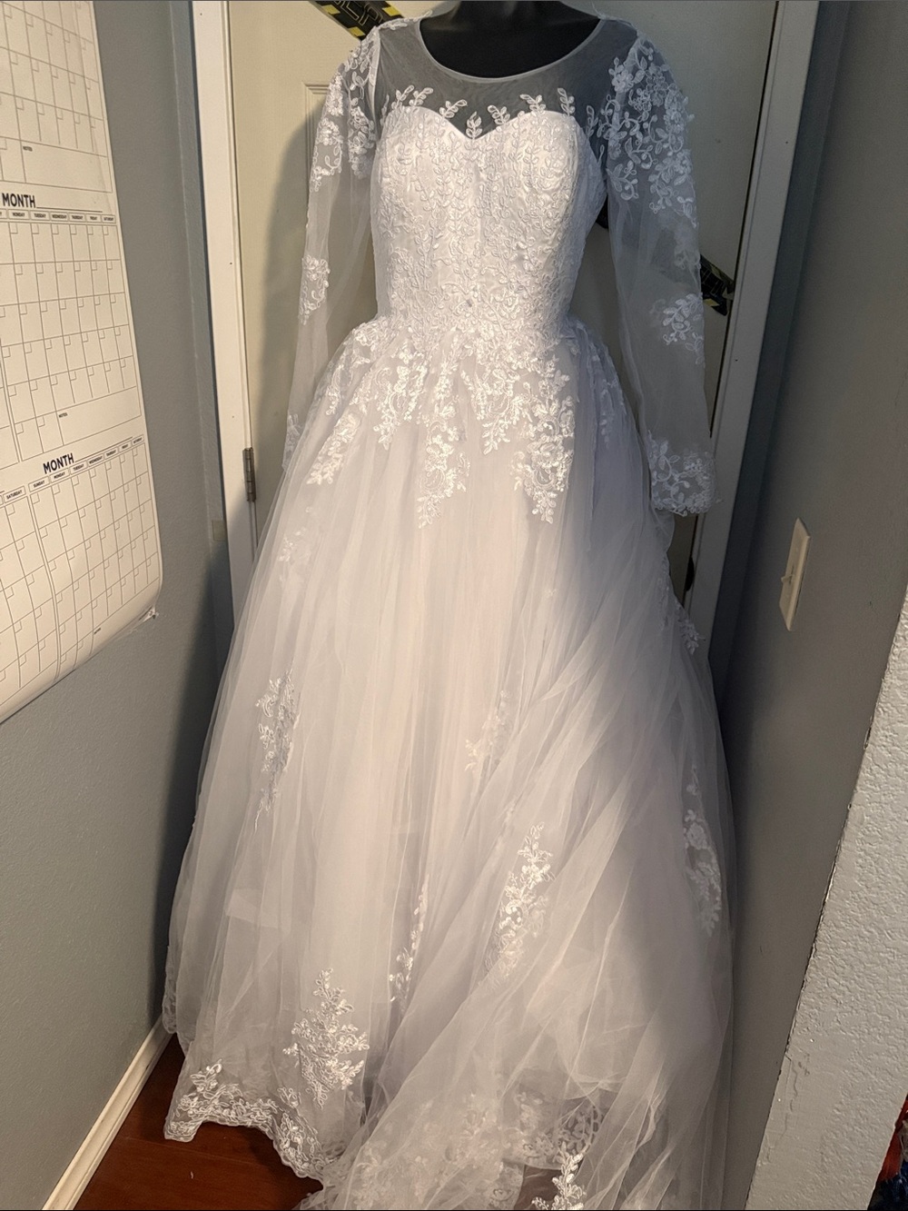 Long Sleeve White Lace Ball Gown Wedding Dress